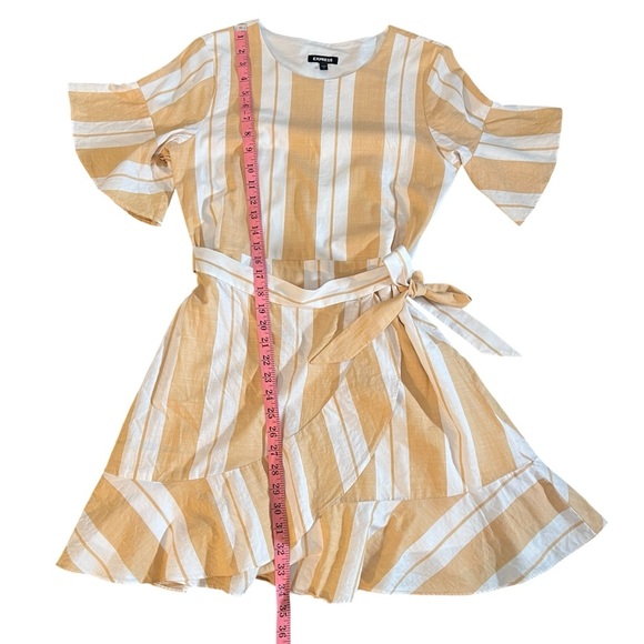 Express Cotton Ruffle Flare Sleeve Wrap Dress in Tan + White Stripes Size Small - Picture 2 of 10